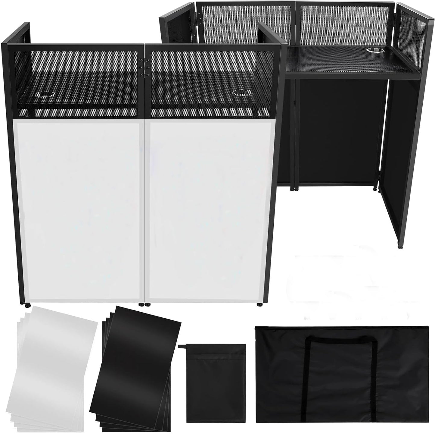COZONY Portable DJ Facade Booth, 40"L x 20"W x 43.2"H, Black Metal Frame DJ Table with Adjustable Feet