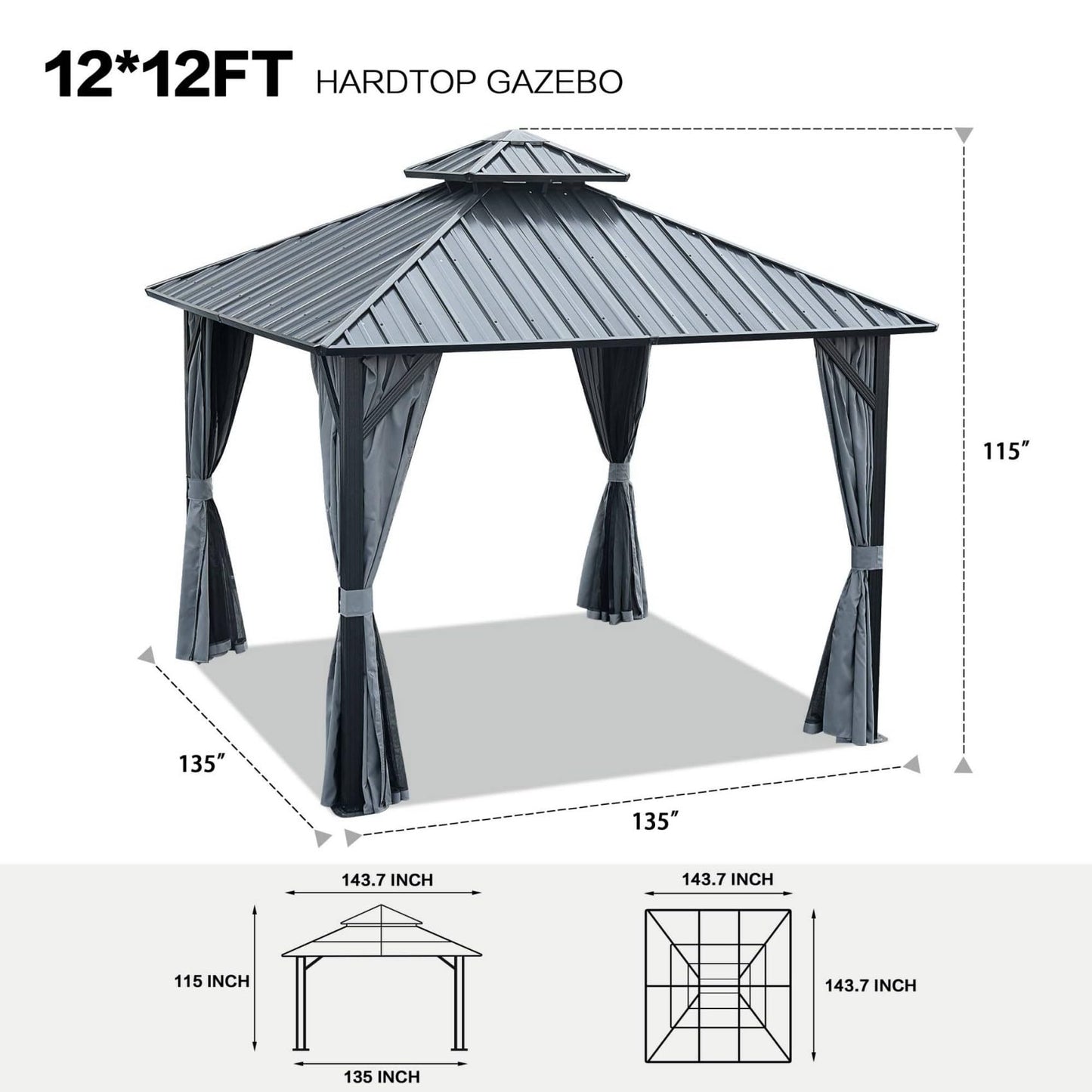 KEIKI 12 * 12FT Permanent Hardtop Gazebo with Netting and Curtains, Double Roof Waterproof Pergola Sunshade Pavilion for Outdoor Patio Lawn Backyard and Garden, Aluminum Frame Galvanized Steel Canopy