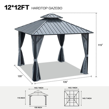 KEIKI 12 * 12FT Permanent Hardtop Gazebo with Netting and Curtains, Double Roof Waterproof Pergola Sunshade Pavilion for Outdoor Patio Lawn Backyard and Garden, Aluminum Frame Galvanized Steel Canopy