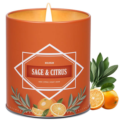 Sage & Citrus Candle, Scented Candles Gifts for Women Men, Candles for Home Scented, 9 oz Soy Wax Candle, Aromatherapy Tin Jar Candle