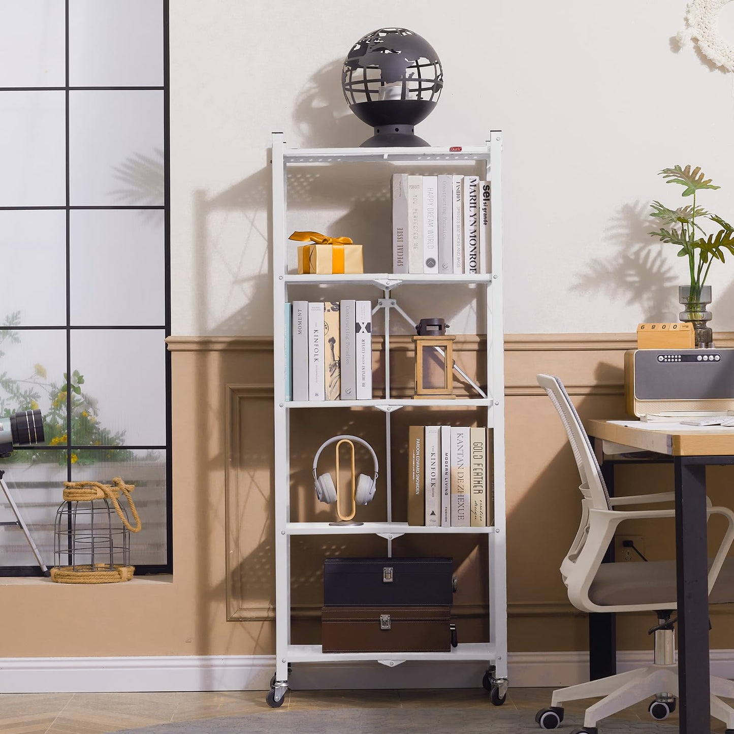 DEANIC 5-Shelf Folding Bookcase with Wheels, Heavy Duty Storage Shelves, Freestanding Metal Wire Shelving Unit for Living Room, Office, Kitchen, Basement, Pantry(White 2 Pack)