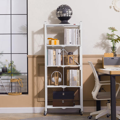 DEANIC 5-Shelf Folding Bookcase with Wheels, Heavy Duty Storage Shelves, Freestanding Metal Wire Shelving Unit for Living Room, Office, Kitchen, Basement, Pantry(White 2 Pack)