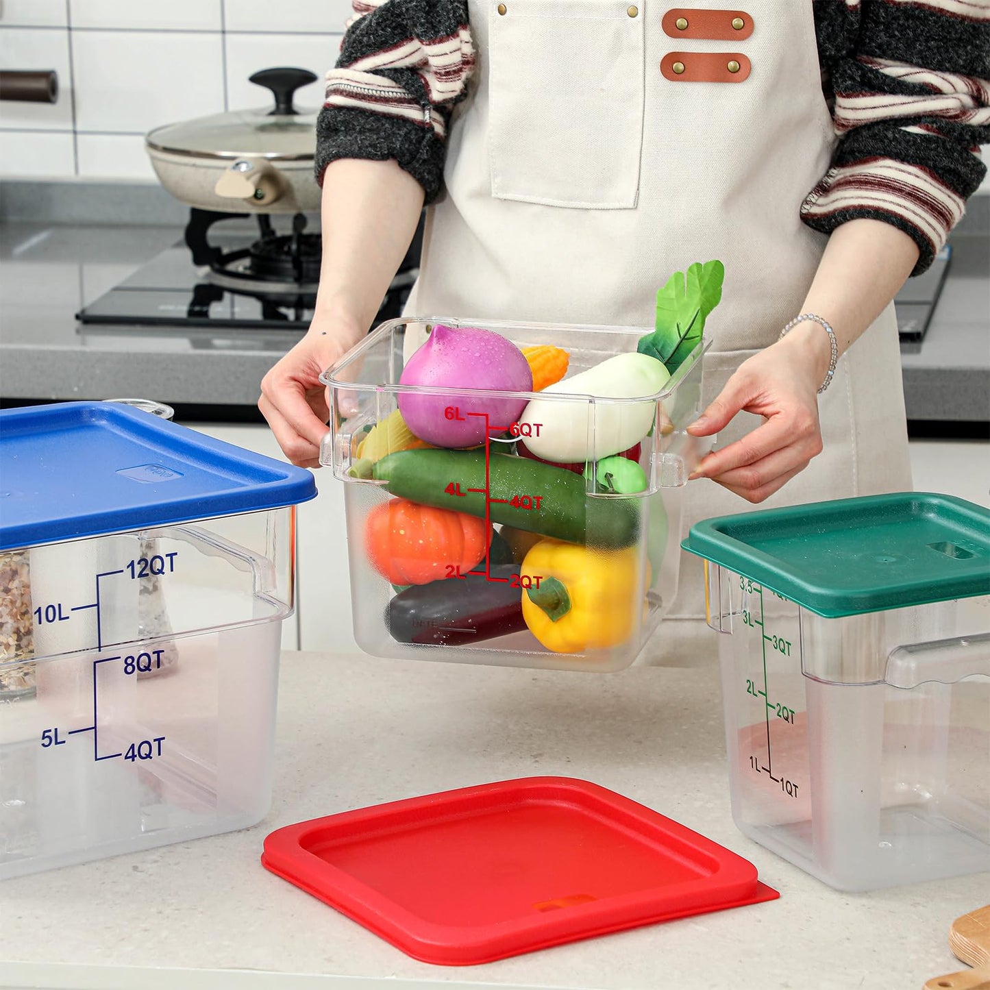 Ziliny 8 Set Square Food Storage Containers with Lid Contains 4 Pcs 6 Qt, 12 Quart and 4 Quart 2 Each, Clear Polycarbonate Commercial Food Storage Container Dough Proofing for Restaurant Home