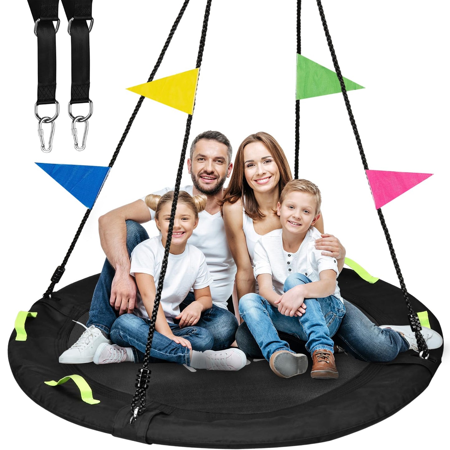 HeyZoo Tree Swing, 60 inch Larger Saucer Swing for Whole Family, 900lbs Weight Capacity, with Adjustable Hanging Straps, for Outdoor Backyard, Gifts for Kids, Black