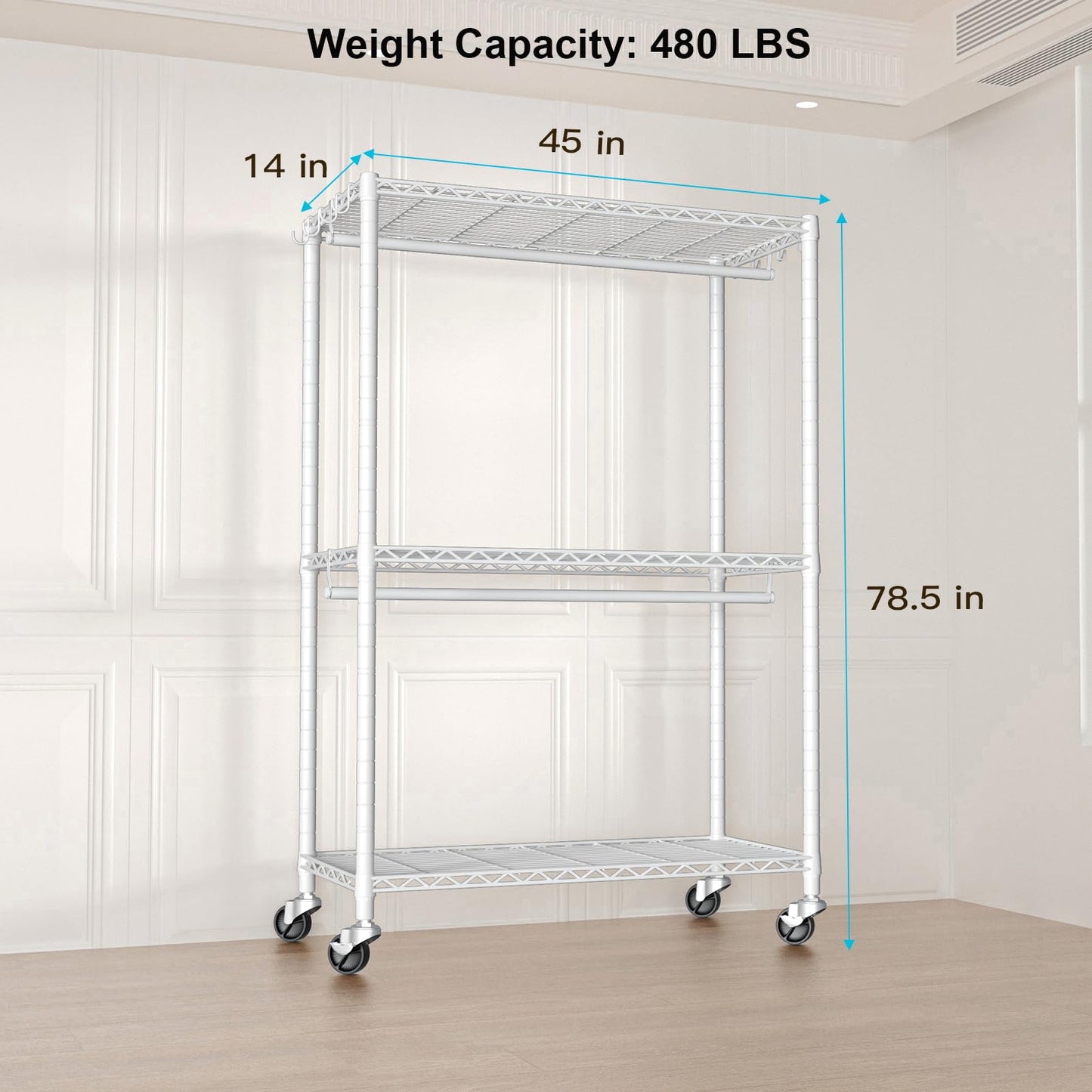 FUTASSI P3 Plus Rolling Clothes Rack, Clothing Racks for Hanging Clothes, Heavy Duty Garment Rack with Wheels, Freestanding Portable Closet Racks 45" W x 14" D x 78.5" H, Max Load 480 LBS, White