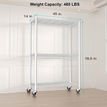 FUTASSI P3 Plus Rolling Clothes Rack, Clothing Racks for Hanging Clothes, Heavy Duty Garment Rack with Wheels, Freestanding Portable Closet Racks 45" W x 14" D x 78.5" H, Max Load 480 LBS, White
