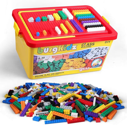 Building Bricks 1020 Pieces Set 1000 Basic Building Blocks in 17 Fun Shapes Includes Wheels Door Window Bulk Block with Storage Box Handle and Base Plate Compatible Block Construction Toys