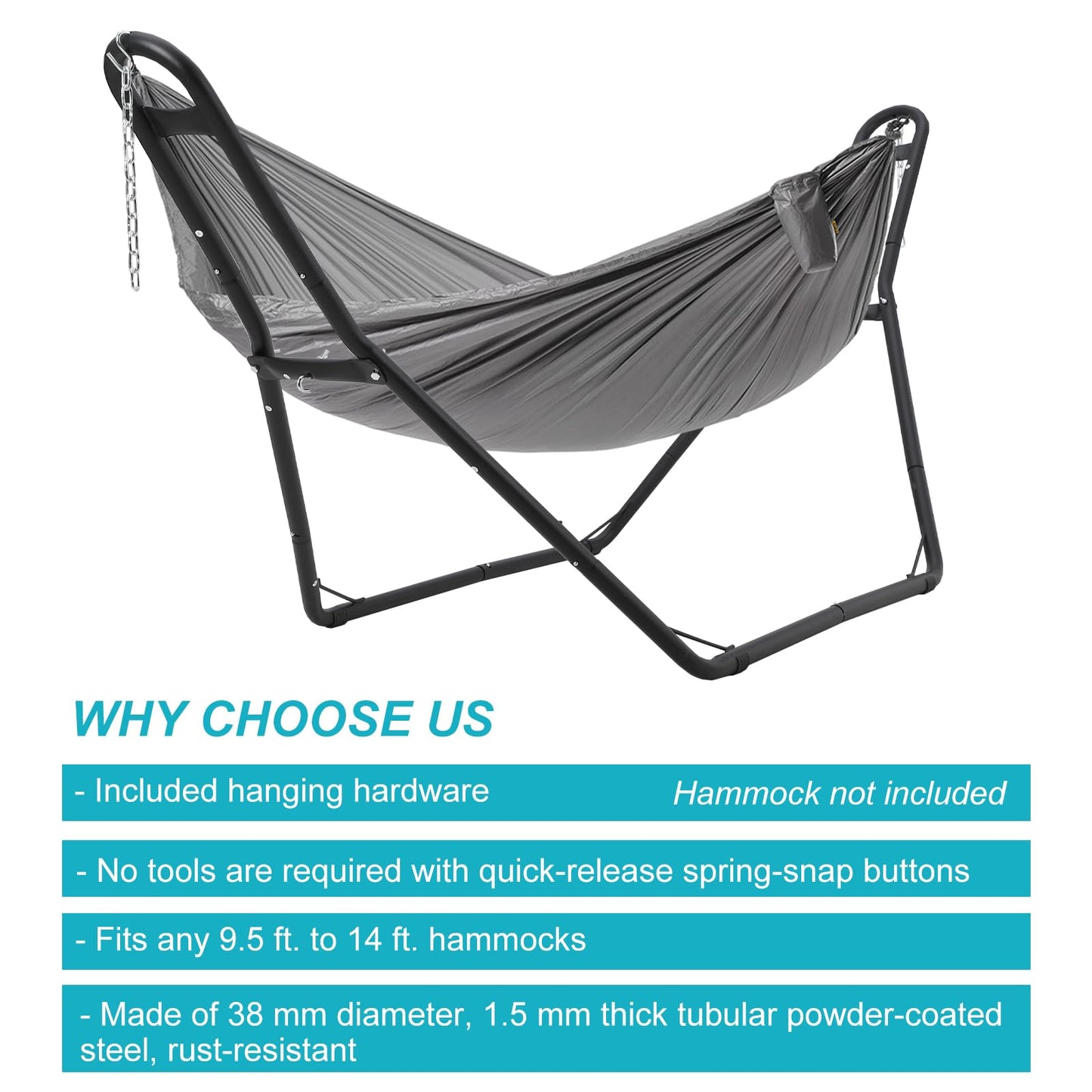 KOKEBREN Hammock Stand, Steel Hammock Frame Heavy Duty 550 LBS Capacity 2Person, Fits Hammocks 9 to 14 Ft, Portable Hammock Rack Adjustable Universal for Indoor Outdoor Backyard Camping Use