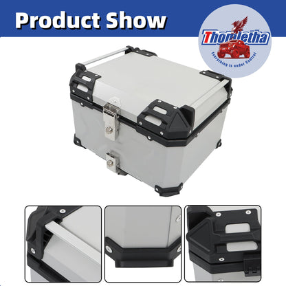 Thomletha 55L Aluminum Alloy Motorcycle Trunk Tour Tail Box Top Case with Mounting Plate Lock Silver