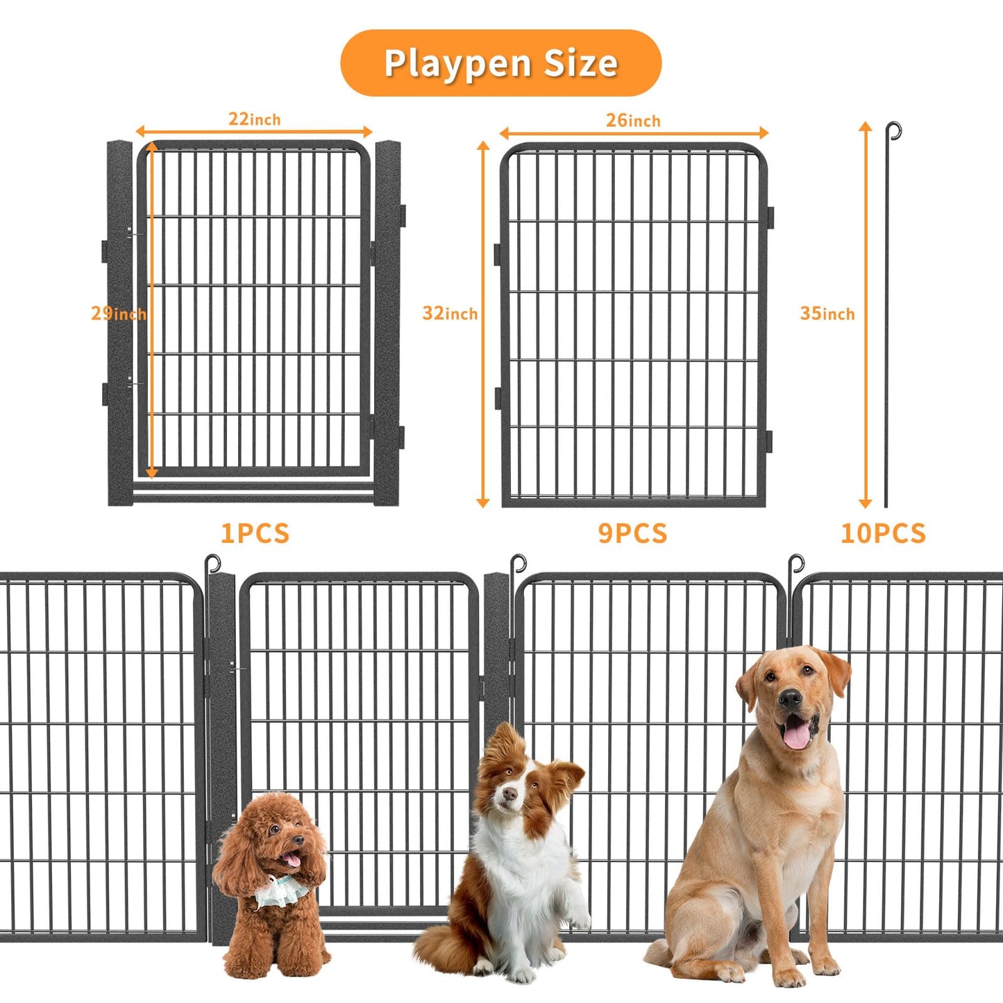 1R2P3I Dog Playpen Outdoor with Low Threshold Gate, 32 inch 10 Panels Dog Play Pen Indoors, Heavy Duty Metal Puppy Playpen Dogs Pen, Rust-Resistant Pet Playpens for Yard RV Camping
