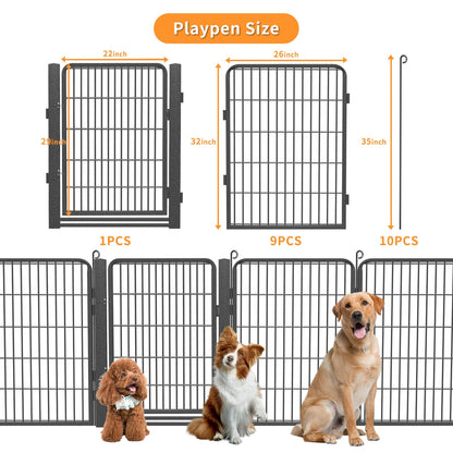 1R2P3I Dog Playpen Outdoor with Low Threshold Gate, 32 inch 10 Panels Dog Play Pen Indoors, Heavy Duty Metal Puppy Playpen Dogs Pen, Rust-Resistant Pet Playpens for Yard RV Camping