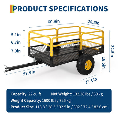 ATV UTV Trailer Tow Behind Dump Cart, 1600 lbs 22 Cubic Feet Heavy Duty Yard Garden Trailer Pull Behind with Removable Sides & All Terrain Tires, Fits Lawn Mower, Tractor, Garden