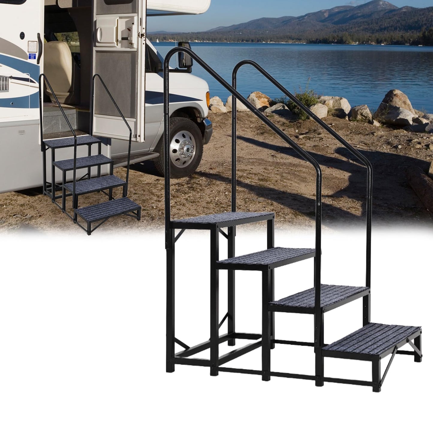GarveeTech Portable 4-Step RV Stairs with Handrails, RV Steps Ladder with Non-Slip Mats, for Travel Trailers, Campers, Hot Tubs, Porch, Pool, Pets