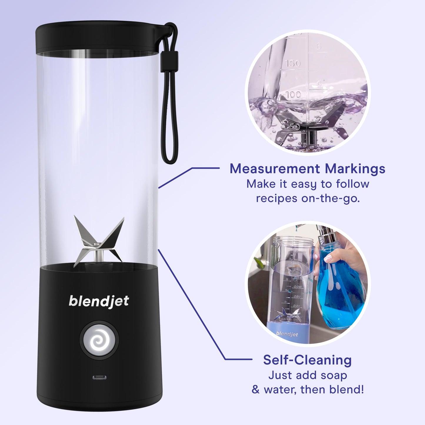 BlendJet 2 Portable Blender – Small Cordless Blender for Smoothies & Shakes, Mini USB-C Rechargeable, Self-Cleaning, Quiet Travel Blender with Stainless Steel Blades