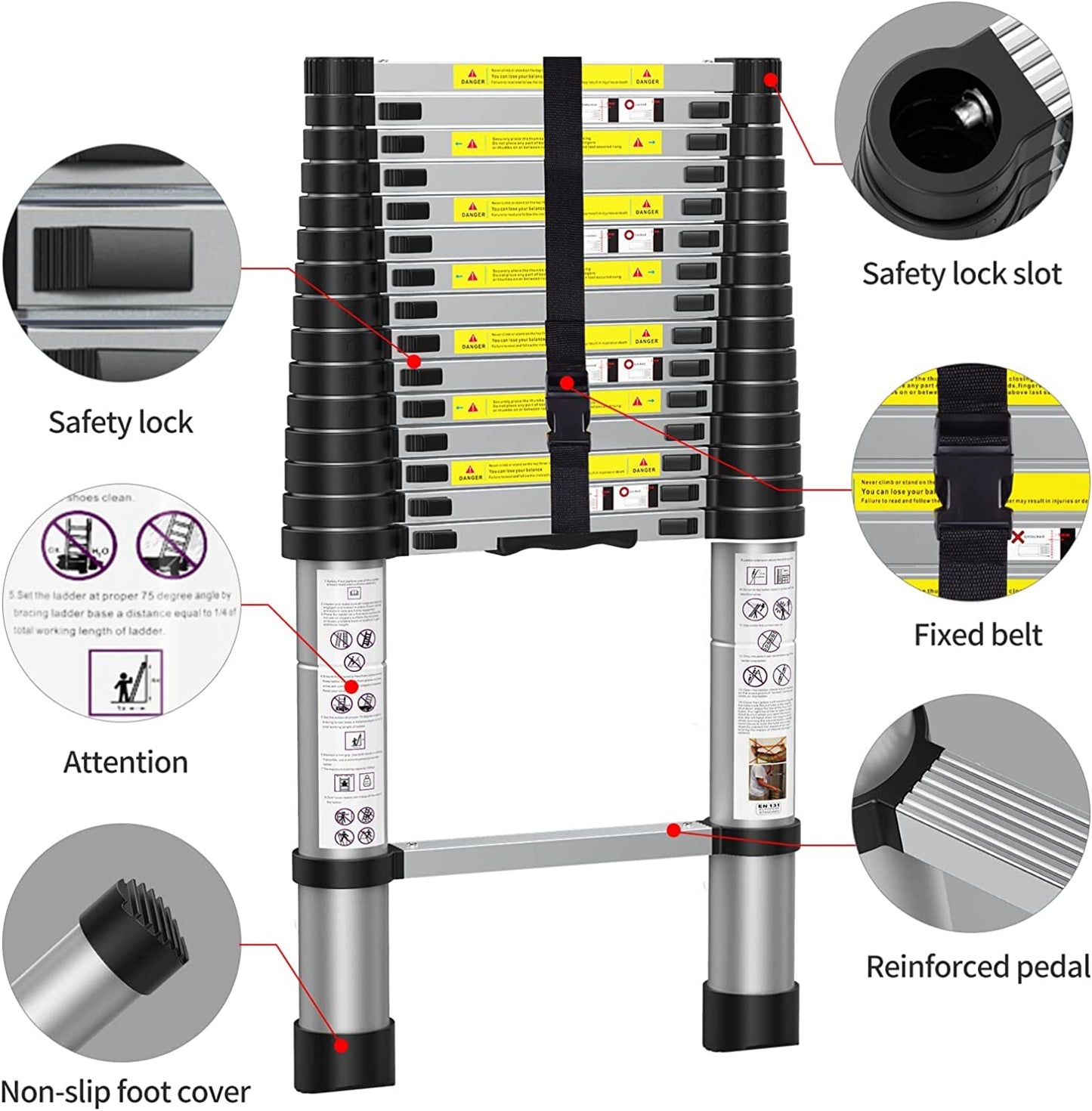 BOWEITI 15.5FT Telescoping Ladder, Aluminum Collapsible Ladders w/Non-Slip Feet, for RV, Household, Outdoor, 330lbs Capacity (4.7m)