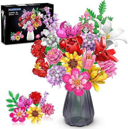 Flower Bouquet Building Set Valentines Day Botanical Collection Building Block Toy 1464 PCS 18 Flowers Rose Sunflower Home Plant Decor Birthday Gifts for Adults Women Boys Girls 8-12+