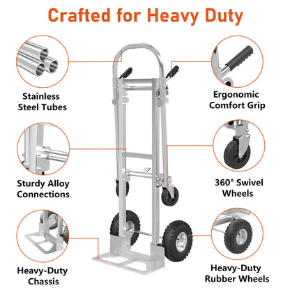 ZMRTDWO 800 LBS Dolly Cart with Wheels, 2 in 1 Folding Hand Truck, Stainless Steel Heavy Duty Industrial Convertible Hand Cart, Utility Collapsible Hand Truck Dolly for Warehouse, Home, Office, Etc