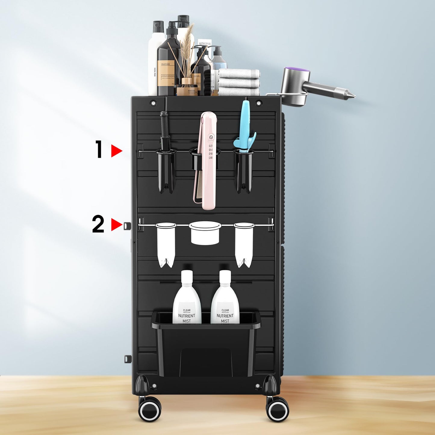 Lockable Salon Trolley Salon Cart on Wheels Rolling Tray Large Storage Salon Trolley W/Towel and Mirror Rack, Heat Resistant Appliance Rack, 4 Remove Drawers, 2 Buckets for Salon Spa Store
