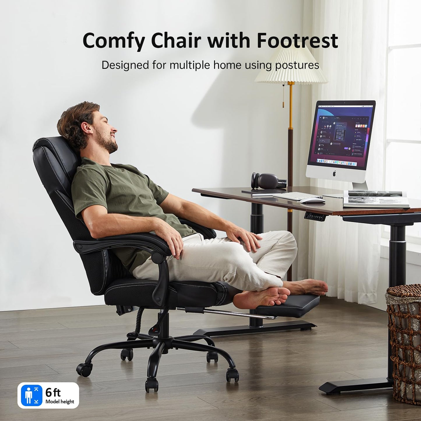 amseatec Office Chair, Big and Tall Office Chair with Foot Rest Ergonomic Chair for Home Desk, Reclining High Back Leather Chairs with Lumbar Support(Black)