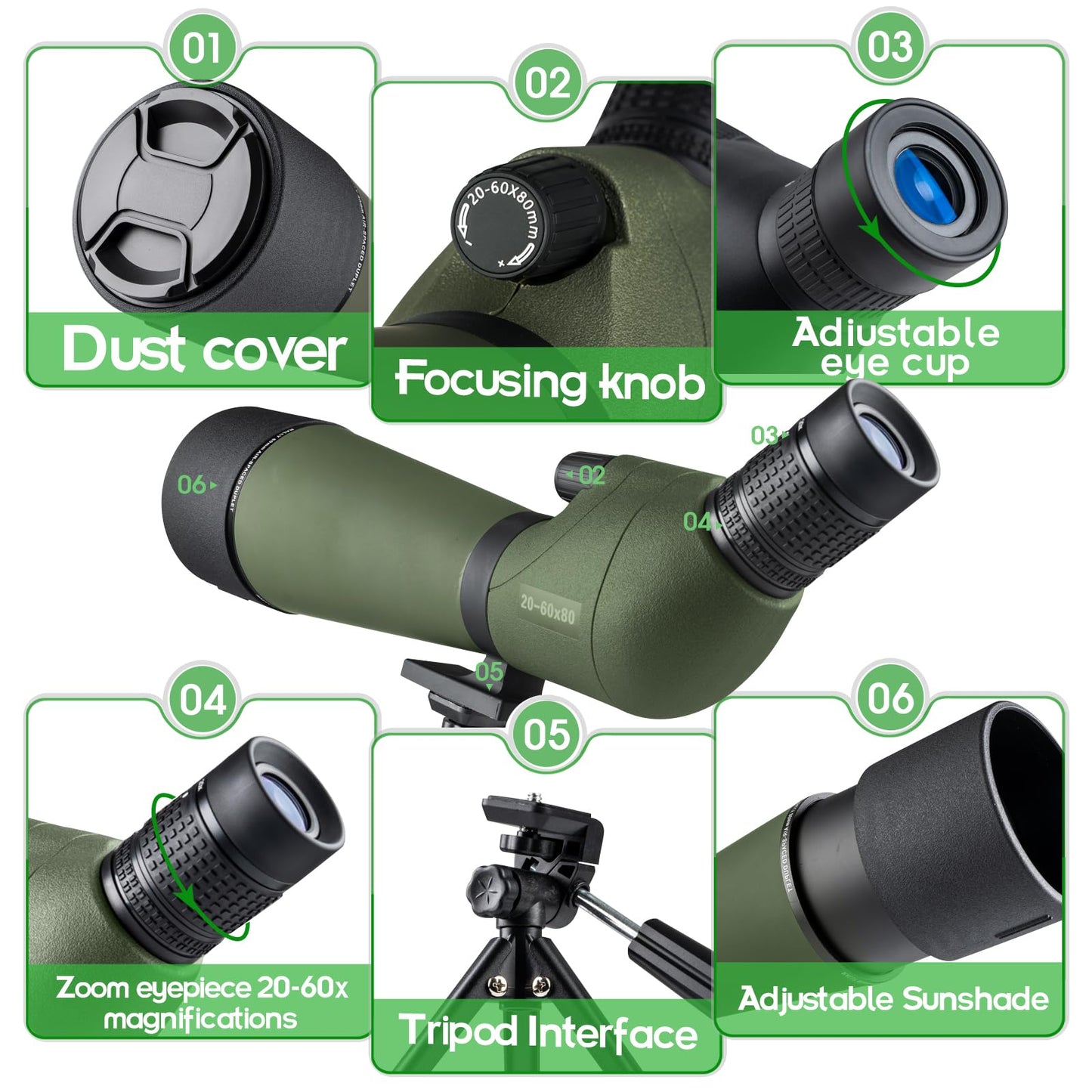 20-60x80 Spotting Scope for Target Shooting Spotter Scope with Tripod Phone Adapter BAK4 Monocular Telescope for Hunting Birdwatching Green