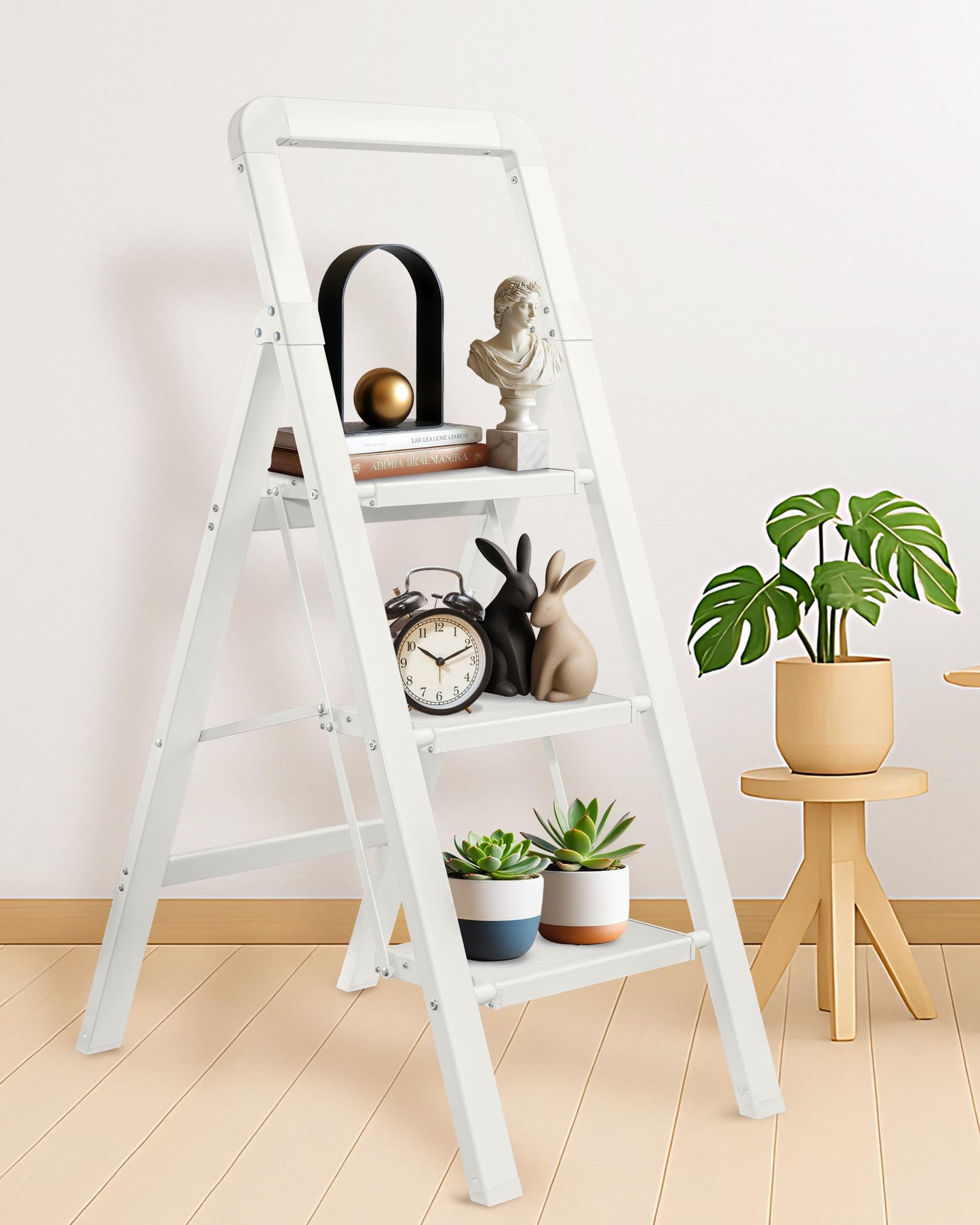 BIBKOKE Step Ladder 5-Step White Finish Aluminum Folding Step Ladders,Anti-Slip Max 330 lbs