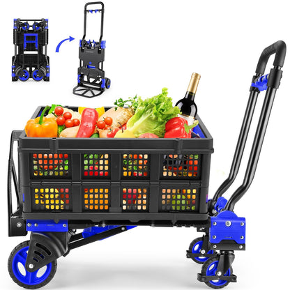 2-in-1Hand Truck Dolly Foldable with Folding Basket, 330LB Folding Hand Truck Heavy Duty Carrying, Combination of 4 Wheels and 2 Wheels Convertible Dolly Cart with Retractable Handle Dolly for Moving