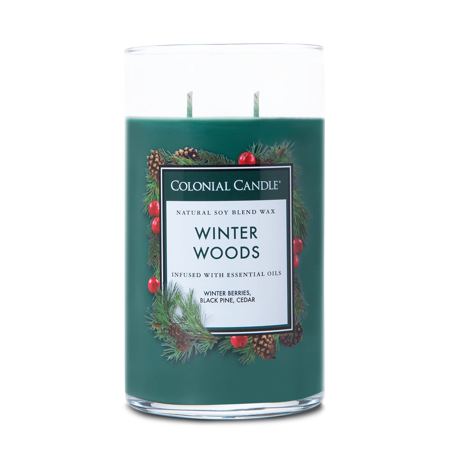 Colonial Candle Scented Jar Candle, Classic Cylinders, Winter Woods, 2 Wick, 19 oz, Green
