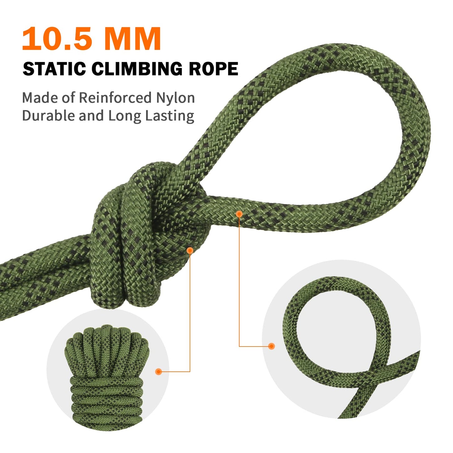 AOLEBA 10.5 mm Static Climbing Rope 10M(32ft) 20M(64ft) 30M(96ft) 50M(160ft) 70M(230ft) Outdoor Rock Climbing Ropes, Escape Rope Ice Climbing Equipment Fire Rescue Parachute Rope
