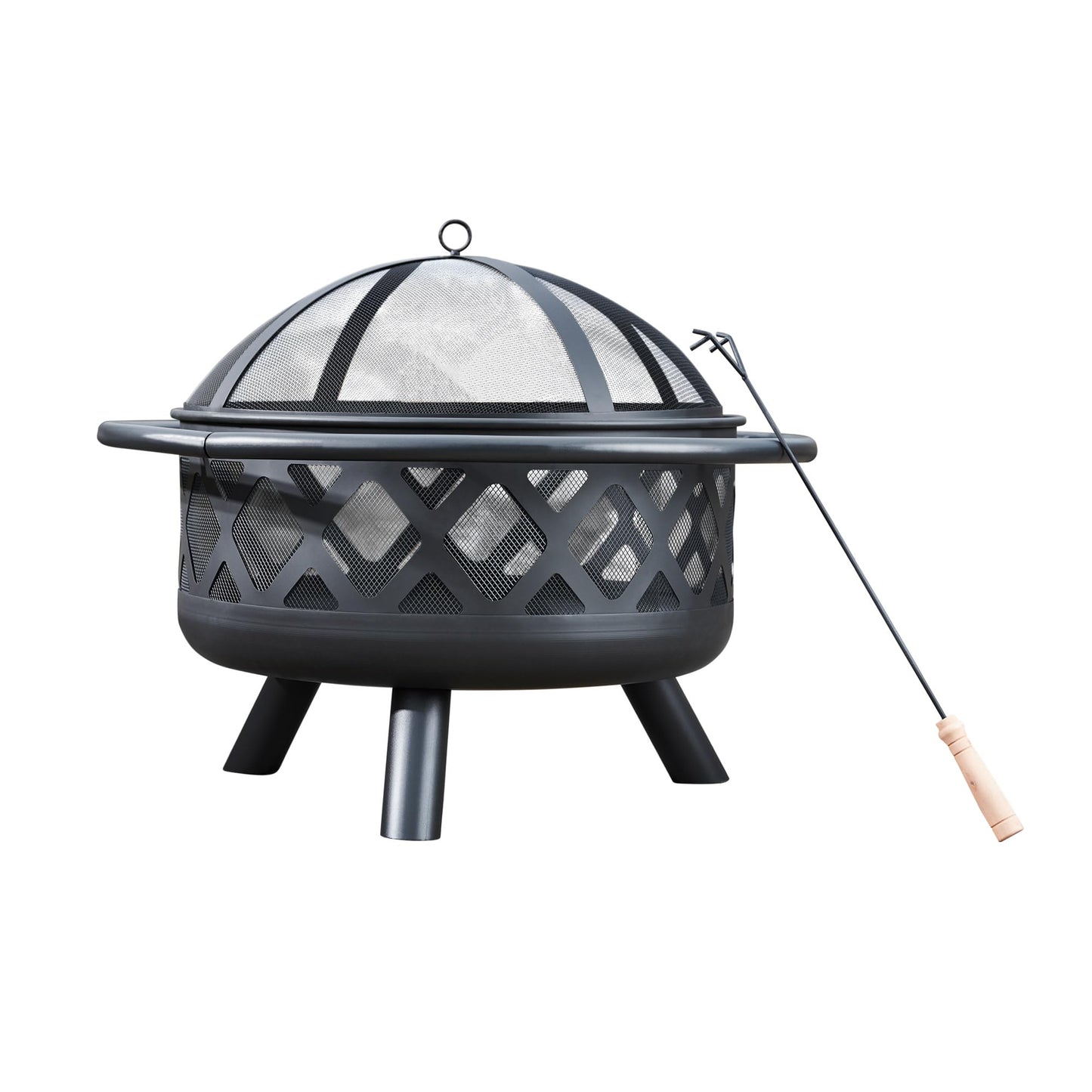 Teamson Home Round Steel Outdoor Fire Pit Outside Wood Burning Firepit Bonfire with Firebowl, Poker, Mesh Screen for Patio Garden Backyard BBQ, 30 Inch, Black