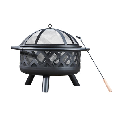 Teamson Home Round Steel Outdoor Fire Pit Outside Wood Burning Firepit Bonfire with Firebowl, Poker, Mesh Screen for Patio Garden Backyard BBQ, 30 Inch, Black