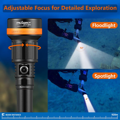 ORCATORCH ZD710 MK2 2-in-1 Zoomable Dive Light, 4-72 Degrees Adjustable Beam Scuba Diving Flashlight with 4 Modes, 920m Long Range, IP68 Waterproof Submersible Torch for Under Water Deep Sea Cave