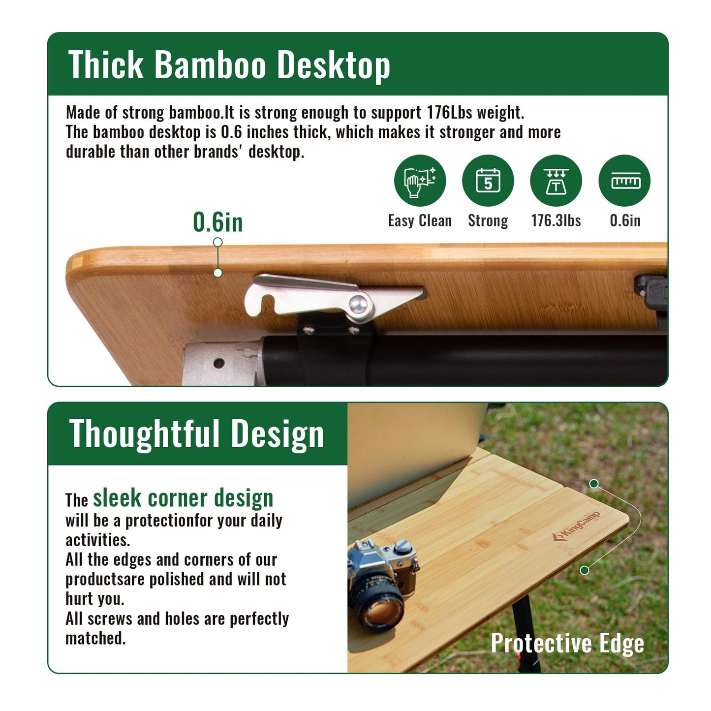 KingCamp Bamboo Folding Table, 2-Fold Camping Adjustable Height Portable Outdoor Lightweight & Compact Table with Aluminum Frame for RV Picnic BBQ