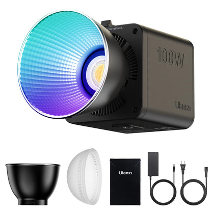 ULANZI 100W RGB Portable LED Video Light w DC Power Adapter, 88.8Wh Build-in Battery Metal Mini Adjustable Color Temperature COB Continuous Output Lighting Handheld Spotlight 2700K-6500K for Video