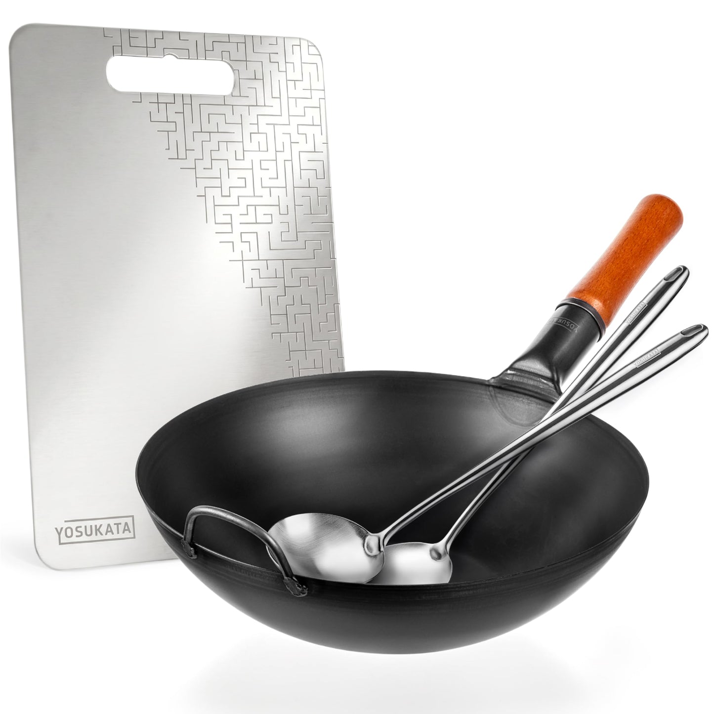 YOSUKATA 13.5" Carbon Steel Wok Pan + 17’’ Wok Spatula and Ladle + Stainless Steel Cutting Board 14.6x10 Inch