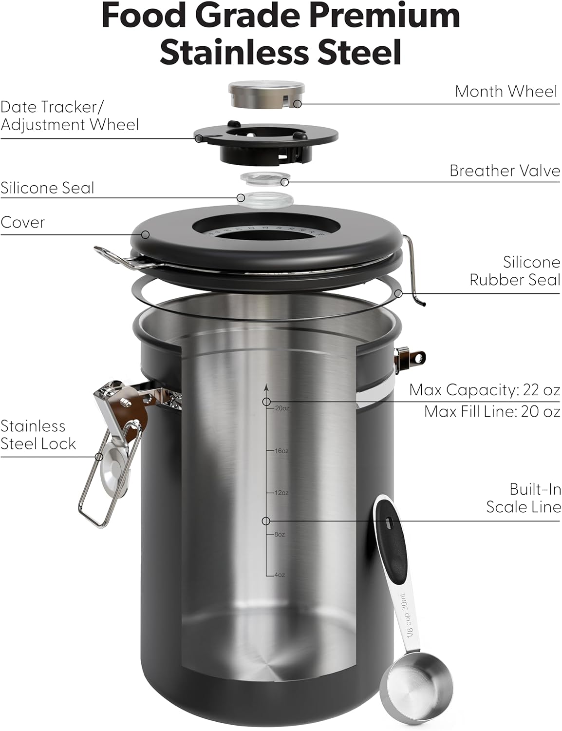 Veken Coffee Canister - Airtight Stainless Steel Container with Window - 22oz Black for Freshness
