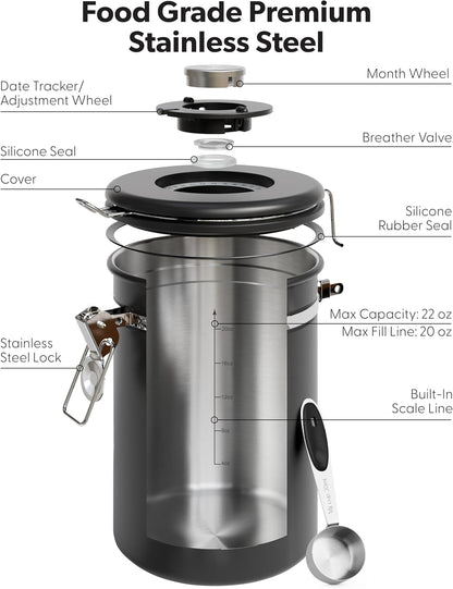Veken Coffee Canister - Airtight Stainless Steel Container with Window - 22oz Black for Freshness