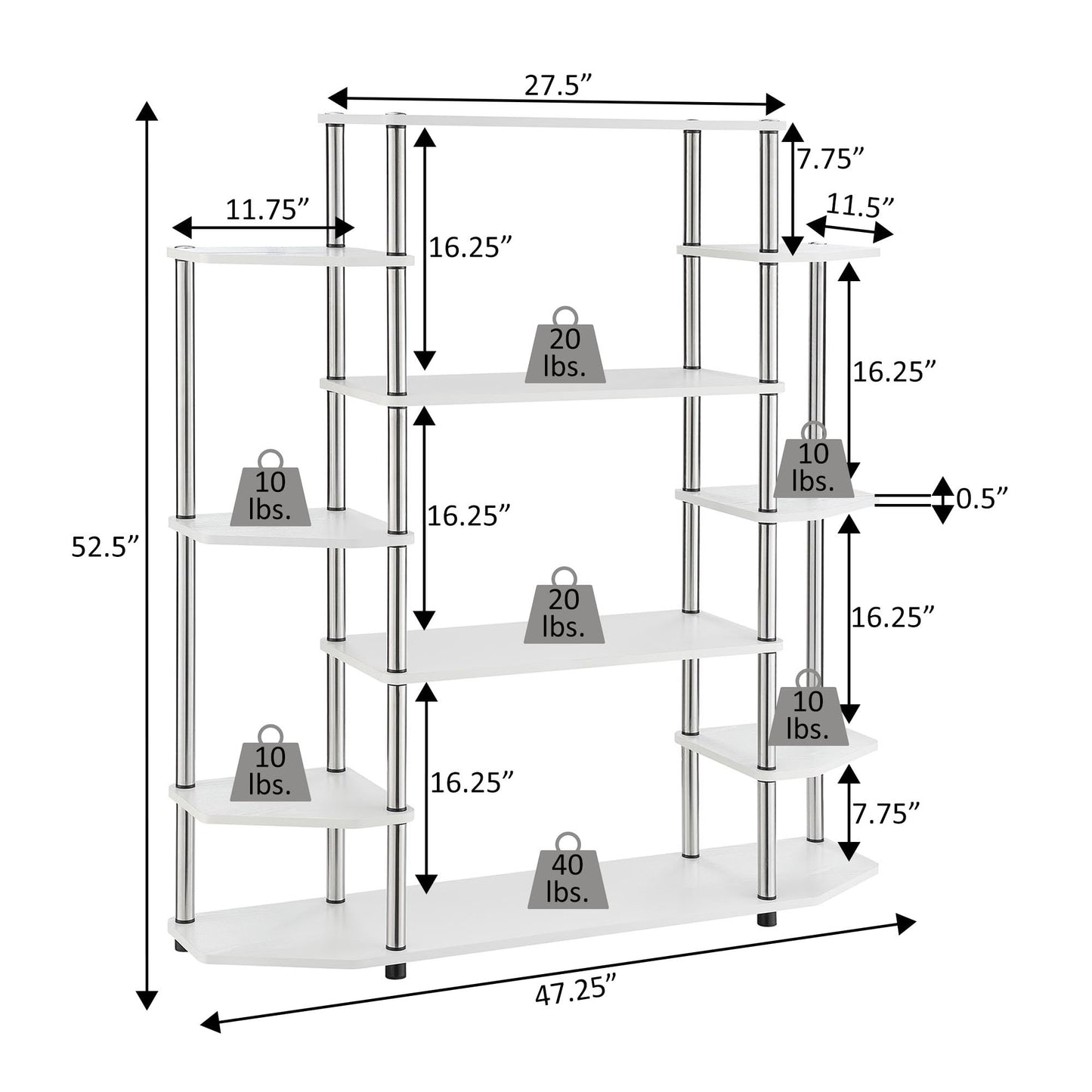 Convenience Concepts Designs2Go No Tools Wall Unit Bookshelf 47.25" - Contemporary Storage Shelves for Display, 10 Spacious Shelves for Modern Living Room, Office, Den, Black