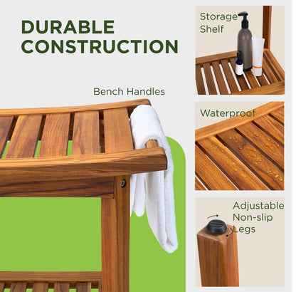 GREENTEAK Combo 22" Teak Shower Bench & Large Bath Mat 32", Teak Shower Stool with Shelf and Foldable Teak Bath Mat, Non-Slip Waterproof Spa Bathroom Seat, Indoor Outdoor