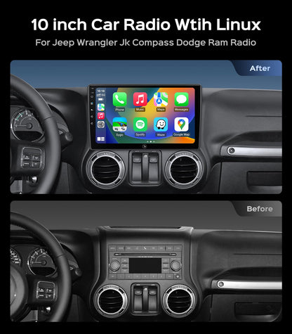 Linux Car Radio Stereo for Jeep Wrangler JK Compass Patriot Liberty Commander, 10.2 Inch Touchscreen Wireless CarPlay Android Auto GPS Navigation Head Unit WiFi Bluetooth FM/AM SWC