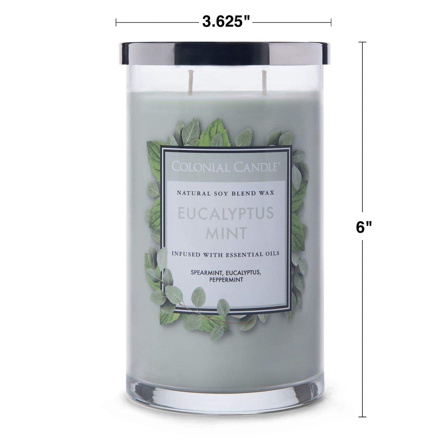 Colonial Candle Eucalyptus Mint Scented Jar Candle, Classic Cylinders Collection, 2 Wick, Green, 19 oz - Up to 120 Hours Burn