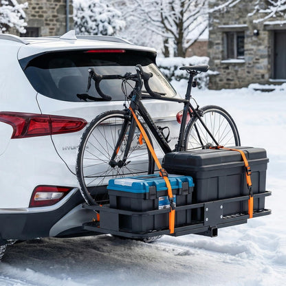 KMFurnila Folding Hitch Mount Cargo Carrier, 60.1" x 20" x 6" Steel Rack with 500 lbs Capacity, Includes Waterproof Bag, Cargo Net, Combination Lock, Straps and Hitch Stabilizer
