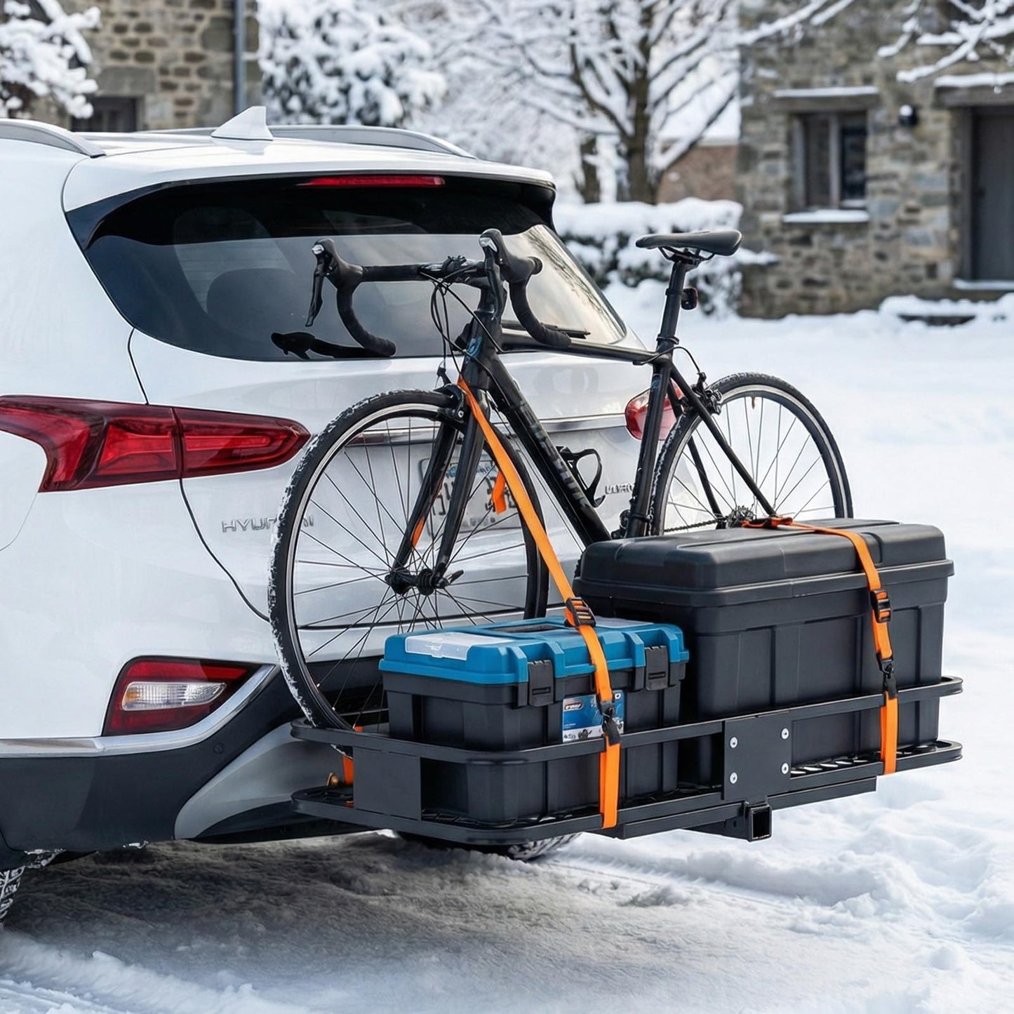 KMFurnila Folding Hitch Mount Cargo Carrier, 60.1" x 20" x 6" Steel Rack with 500 lbs Capacity, Includes Waterproof Bag, Combination Lock, Cargo Net, Straps and Hitch Stabilizer