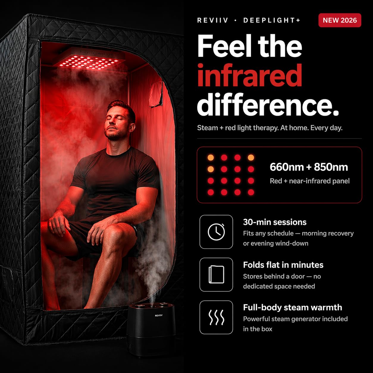 REVIIV Infrared Sauna Box for Home with 660nm & 850nm Red Light Therapy, Foldable Full Body Portable Steam Sauna Tent, 1500W Steamer + Chair, 71" Tall, 9 Heat Levels for Detoxification – DeepLight+