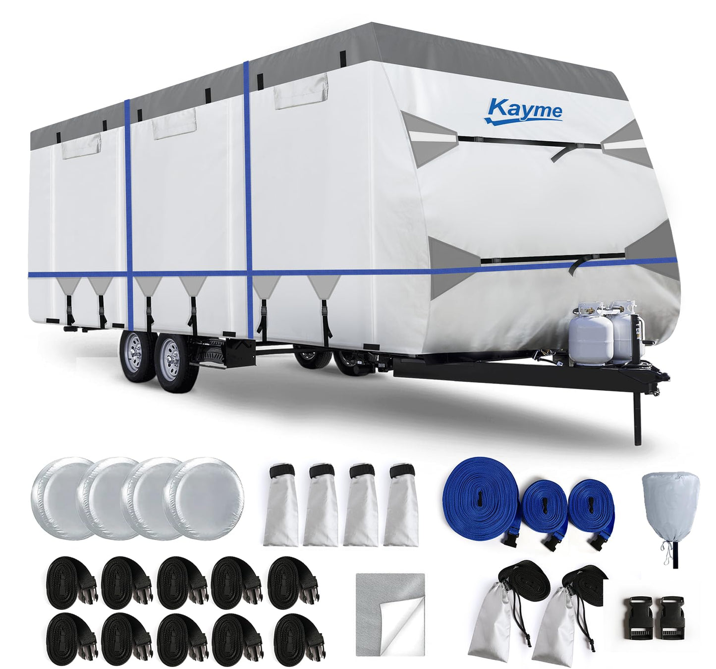 Kayme RV Cover for 28-31ft Travel Trailers, 300D Oxford Heavy Duty Waterproof Camper Cover with Zipper Door.Windproof, UV Protection, Snowproof.Includes 4 Tire Covers, Jack Cover & Wind Straps