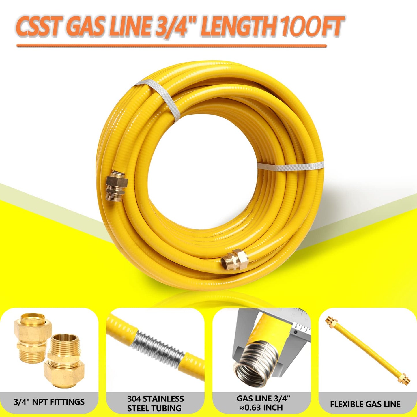 Grehitk 100ft 3/4'' Flexible Gas Line, CSST Corrugated Stainless Steel Tubing Pipe Kit, Natural Gas Line Propane Pipe Conversion Kit Grill Hose with 2 Male Adapter Fittings (100ft 3/4'')
