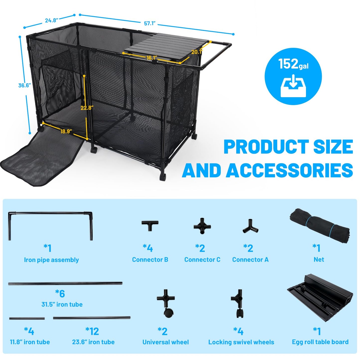 Arejonner 152Gal Pool Storage Organizer with Tabletop,Towel Bar,Zipper Doors,360° Rotating Wheels,Weather-Resistant,Easy Assembly,for Indoor Outdoor,Pool,Patio,Beach (M Size)