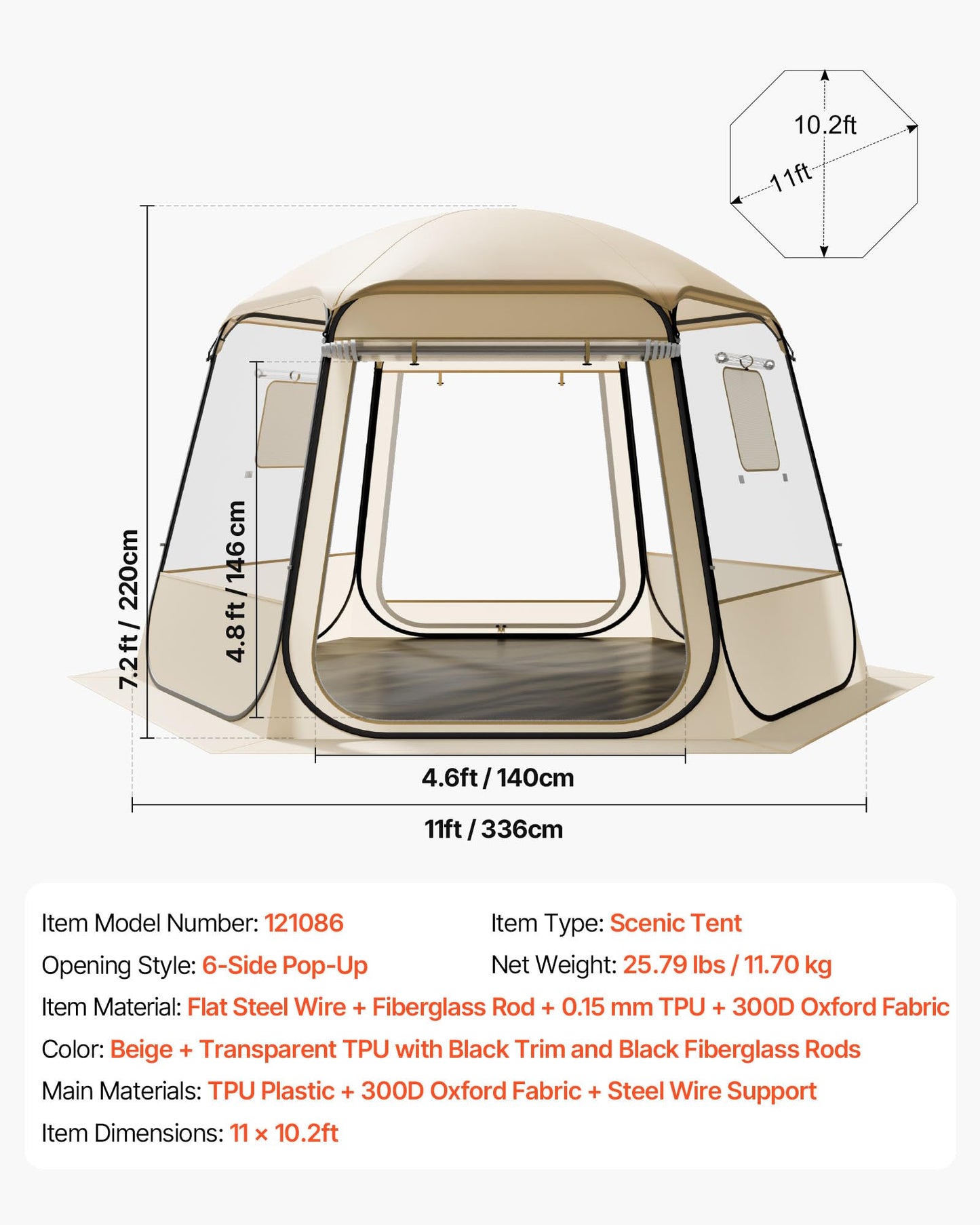 VEVOR Pop up Bubble Tent, 11 x 10.2 ft Waterproof & UV-Resistant, Clear Camping Tent Shelter, Outdoor Garden Dome Igloo Tents with Windows, 540Panoramic View, for 8-10 Persons Patio Backyard