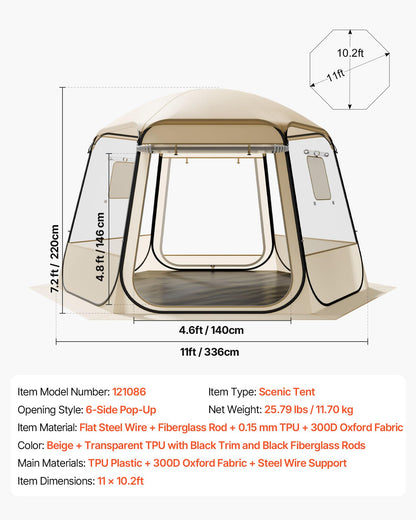 VEVOR Pop up Bubble Tent, 11 x 10.2 ft Waterproof & UV-Resistant, Clear Camping Tent Shelter, Outdoor Garden Dome Igloo Tents with Windows, 540Panoramic View, for 8-10 Persons Patio Backyard