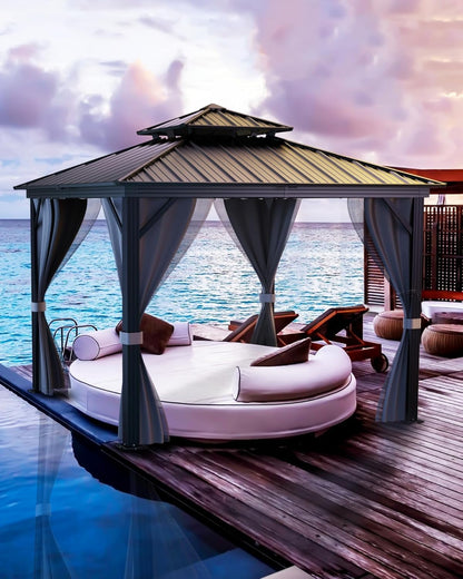 12'X12' Hardtop Gazebo, Outdoor Double Roof Galvanized Steel Gazebo, Aluminum Heavy-Duty Steel Top Canopy with Mosquito Net & Privacy Curtain for Patio, Porch, Garden, Lawn, Deck, Backyard,Gray