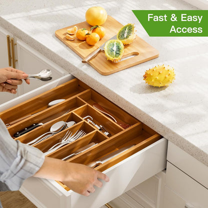 Pipishell Bamboo Expandable Drawer Organizer - Adjustable Silverware & Utensils Holder | Brown